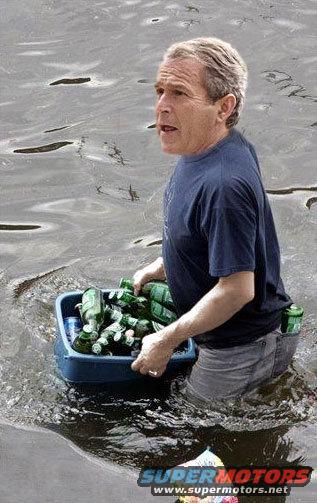 George W. Bush in water with tub of beer bottles, Supermotors.net logo visible