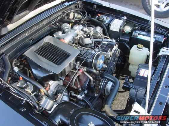 Engine bay of a 1986 Ford Mustang with a turbocharger and intercooler visible