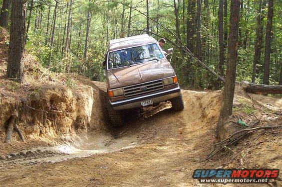 1987 Ford Bronco navigating a steep, muddy off-road trail in a forest