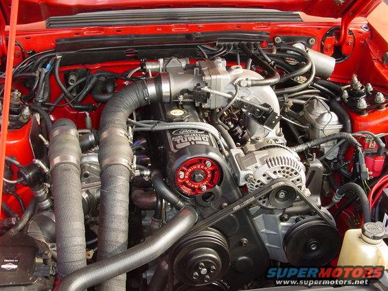 1986 Ford Mustang engine bay with 'Cobra Fuel Injection Turbo' label