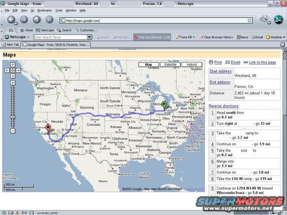 Screenshot of Google Maps showing directions from Westland, MI to Fresno, CA