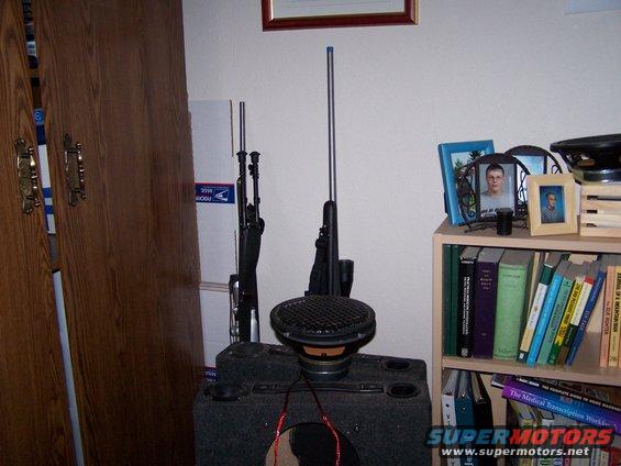 Two rifles stand behind a speaker on top of a subwoofer enclosure. A bookshelf with books and framed photos is to the right