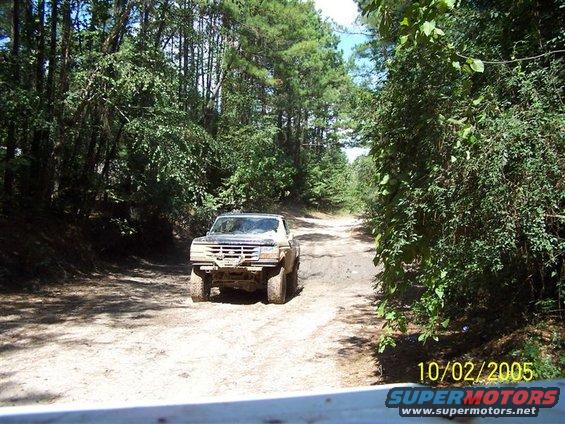 Muddy dirt road through trees, with a truck barely visible in the distance