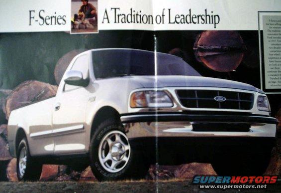page-23-fseries-a-traditon-of-leadership.jpg F-150 XLT 4x2 in Silver Forst Clearcoat Metallic with some optional equipment

F-Series pickups have been the best-selling trucks in America for 19 straight years.  The tradition of leadership and innovation began when Henry Ford introduced his first pickup in 1917. Ford's V8 engine was introduced in 1932, over two decades before its closest competitor.  Innovations like four wheel drive, Twin I Beam suspension and anti lock brakes have forever changed the way we look at trucks.  And how we use them.  The 1997 Fseries continues this proud tradition with a standard three door SuperCab.  Standard driver and passenger air bags. And an exclusive line up of overhead cam V8 engines.