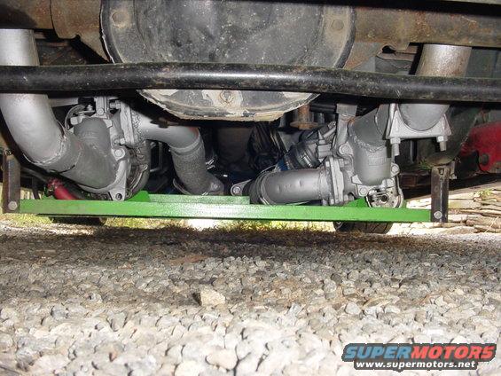 twin turbochargers and exhaust piping mounted on a green bracket under a vehicle