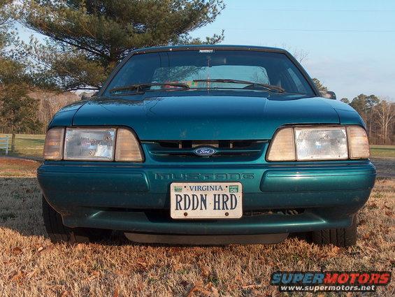 Teal 1993 Ford Mustang front view with license plate RDDN HRD