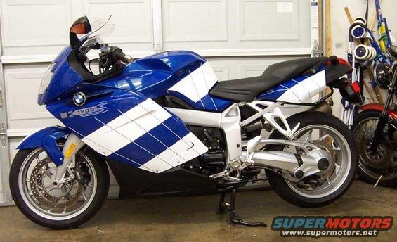 Side view of a blue and white checkered 2005 BMW R1200CA ABS motorcycle