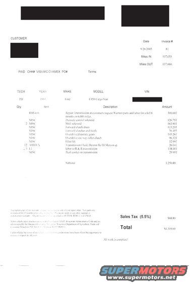 Repair invoice for a 1999 Ford E150 cargo van, detailing transmission repair and parts