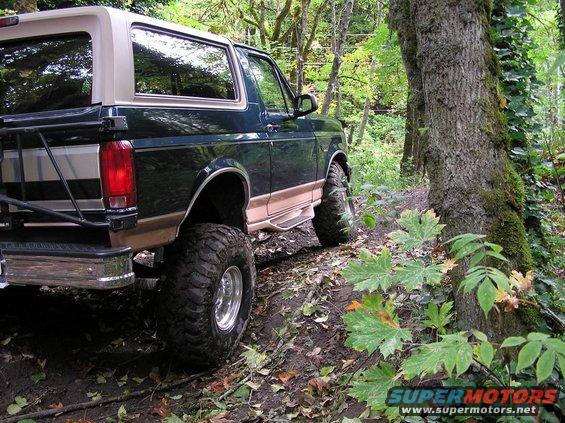 Lifted 1995 Ford Bronco on a wooded trail, rear view