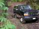 1995 Ford Bronco - A lifted Ford Bronco navigates a muddy, wooded trail, with its front right wheel partially submerged.