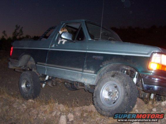 Green Ford Bronco with a dog in the driver's window, lifted suspension, off-road tires, parked on dirt