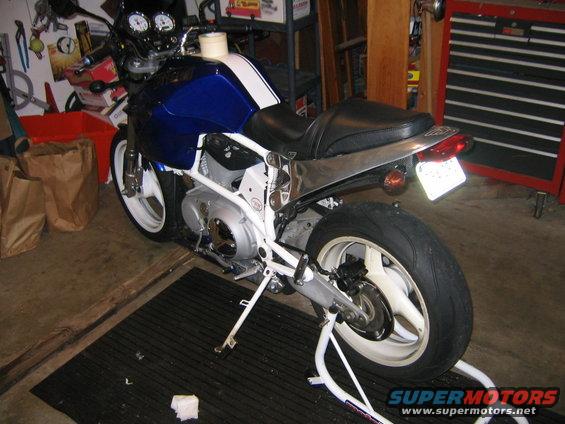 Blue and white motorcycle side view