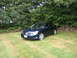 2005 Nissan Maxima - A dark blue sedan is parked on a grassy lawn with trees and a stone wall in the background.