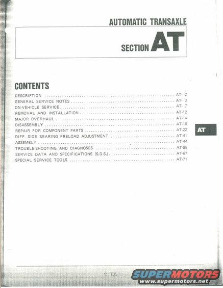 Table of contents for an automatic transaxle service manual, listing sections like general service, removal, overhaul, and diagnostics