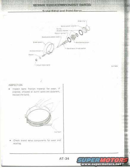 Diagram of brake band and band servo components with inspection instructions