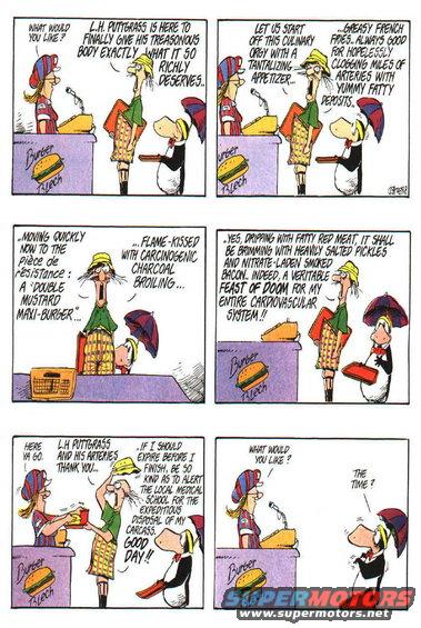 Comic strip showing a man ordering a large meal