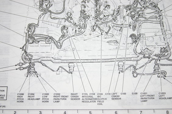 Diagram showing vehicle wiring, including crash sensors, horns, and lamps