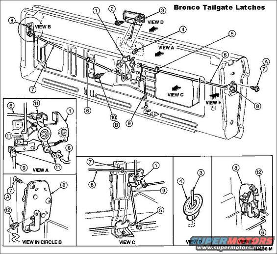 tailgatelatches.jpg Latches

1 Tailgate Latch Remote Control D8TZ-9843170-B (JBG [url=https://shop.broncograveyard.com/1980-1996-Ford-Bronco-Tailgate-Handle-Release-Assembly/productinfo/34520/]34520[/url])
2 Screw   56950-S55
3 Tailgate Latch Release Handle   431C62
4 Plug Button   388016-S
5 Clip    98431F72 (382929-S) AuVeCo 23307
6 Tailgate Latch Release Link   43868
7 Screw and Washer    387819-S103
8 Tailgate Latch Bracket   431D76
9 Tailgate Latch Control Rod    9843880
10 Screw and Washer    57502-S2
11 Clip    389666-S
12 Bushing   386656-S
A Tighten to 3-8 N-m (27-71 Lb-In)
B Tighten to 9-14 N-m (80-124 Lb-In)

The torsion bar retainer (430A32) in View C is available from Dennis Carpenter as [url=https://www.dennis-carpenter.com/en/trucks/tailgate-amp-liftgate/tailgates/d8tz-98430a30-a-tg-counter-balance-torsion-bar]98430A30[/url]

For a writeup on installation & alignment, read this: 
http://www.fourdoorbronco.com/board/showthread.php?t=5224