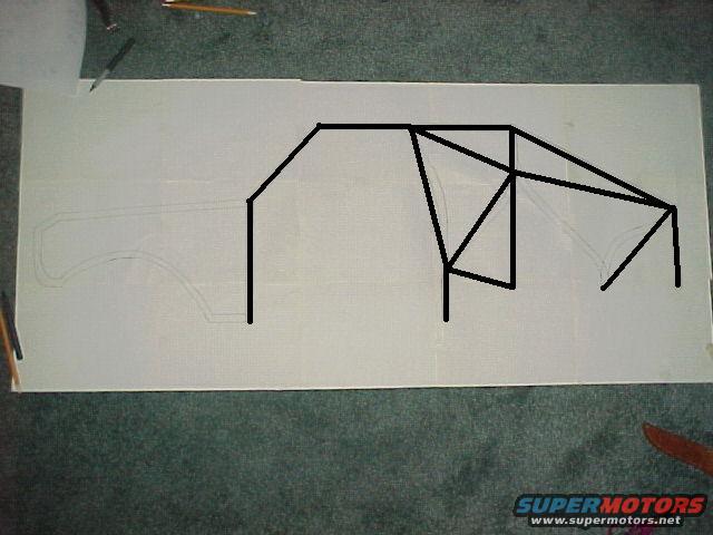 Diagram of a roll cage drawn over a faint outline of a vehicle's body