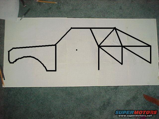 Diagram of a vehicle side profile with a roll cage, drawn on white paper