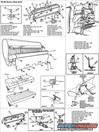 rearseatbronco.jpg '92-96 Bronco Rear Seat & Belts
IF THE IMAGE IS TOO SMALL, click it.

[url=http://www.supermotors.net/registry/media/894698][img]http://www.supermotors.net/getfile/894698/thumbnail/chairrearbench.jpg[/img][/url] . [url=http://www.supermotors.net/registry/media/311932][img]http://www.supermotors.net/getfile/311932/thumbnail/belts92mocharear.jpg[/img][/url] . [url=http://www.supermotors.net/registry/media/858282][img]http://www.supermotors.net/getfile/858282/thumbnail/rseathdwr85b.jpg[/img][/url] . [url=http://www.supermotors.net/registry/media/970013][img]http://www.supermotors.net/getfile/970013/thumbnail/strikebar.jpg[/img][/url] . [url=https://www.supermotors.net/registry/media/1165867_1][img]https://www.supermotors.net/getfile/1165867/thumbnail/seatrearmounts.jpg[/img][/url]

'78-91 have the reels mounted where the buckles (21 in the top panel) are in this diagram, and the buckles mounted near the seatback hinges (8 in the top panel).
#18 (Top Panel, View A) Check Spring Retainer D8TZ9867440A

In the bottom panel View A, the unnamed item between 8 & 10 is a foam washer as shown here.

[url=http://www.supermotors.net/registry/media/623150][img]http://www.supermotors.net/getfile/623150/thumbnail/seatpins.jpg[/img][/url]