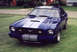 1977 Ford Mustang II - This 1977 Ford Mustang II is painted blue with silver racing stripes and parked on a grassy lawn.
