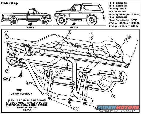 cab-step.jpg Cab Step
IF THE IMAGE IS TOO SMALL, click it.

Passenger step is 16A740; driver is 16A741

INSTALLATION
1) Install bracket 7 using existing screw (shown but not labelled) through wheel well liner.  Install U-nuts (not shown) onto U-tubes of bracket 5, and U-nuts (shown but not labelled) onto underbody lip for bolts 6 (do not install bolts 6 yet).
2) Support step 3 and attach to bracket 7 using bolt 2, aligning to rocker & fender.
3) Install bolt 2 at rear of step 3.
4) Raise bracket 5 onto studs of step 3 and secure with nuts 4.
5) Install bolts 6 and secure.
6) Raise bracket 5 to support step against rocker and secure with bolts 1.

REMOVAL
1) Remove screws 2.
2) Remove  bolts 6.
3) Remove bolts 1 and lower step/bracket assembly from rocker.

For replacement brackets (#5), see:
[url=https://www.supermotors.net/registry/2742/76219-4][img]https://www.supermotors.net/getfile/1023998/thumbnail/59collapsedpairweight.jpg[/img][/url]