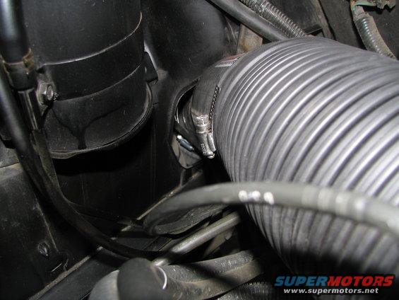 Corrugated intake hose and black plastic housing in an engine bay