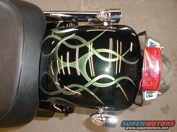 Motorcycle rear fender with custom green flames on black paint