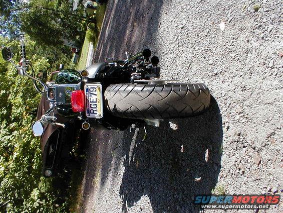 Motorcycle rear tire and license plate RGE79. Custom green flames on fender