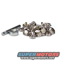 Pile of silver snap fasteners with star designs and a metal setting tool