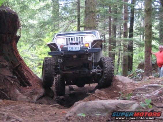 Jeep Wrangler climbing over rocks on a forest trail, license plate 730-NTH