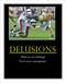 1996 Ford Mustang - A football game is depicted with players engaged in a tackle, accompanied by text about delusions.