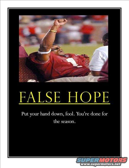 Football player in red jersey with arm raised, text says "FALSE HOPE"