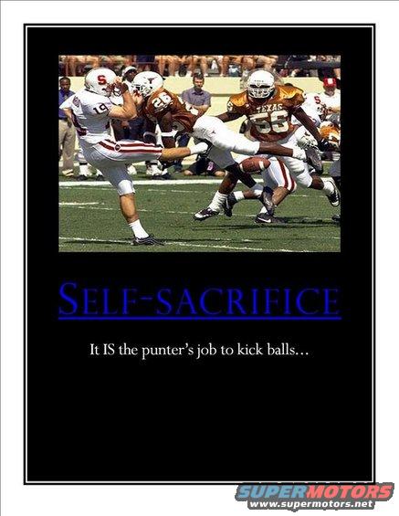Football players in action on a field, with text "SELF-SACRIFICE" above