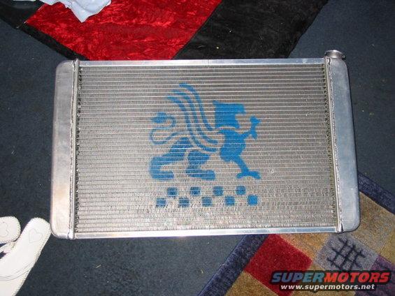 Radiator with blue griffin logo and checkered pattern