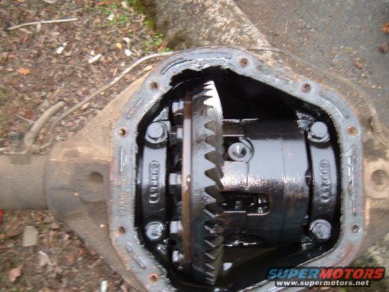 Differential gears inside a gray housing with black lubricant