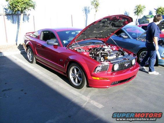 Red 2005 Ford Mustang with hood open, parked next to a blue car