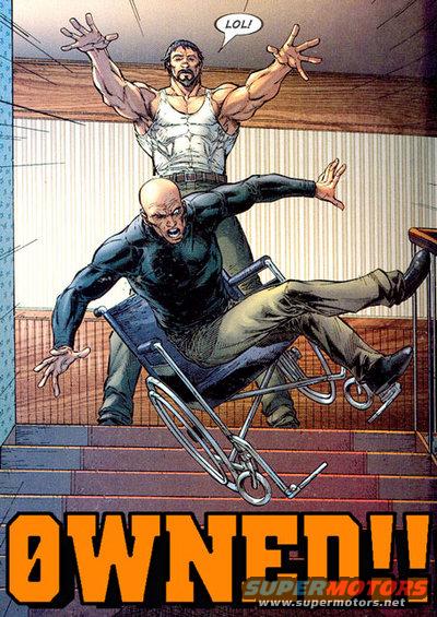 Man in wheelchair falling down stairs as another man watches and laughs