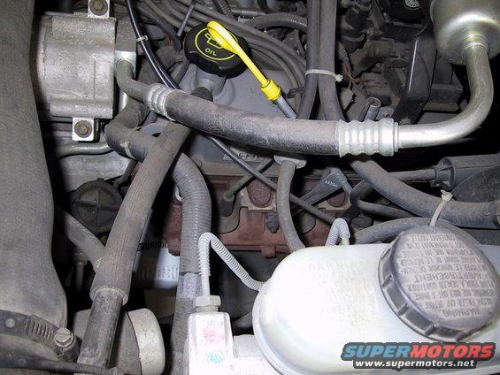 Engine bay detail showing hoses, wiring, and an oil fill cap