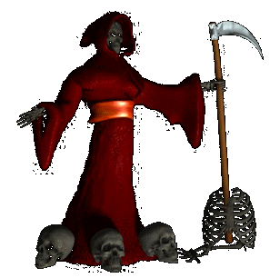 Grim Reaper figure with scythe and skulls