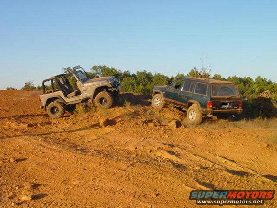 Two Jeeps off-roading on a dirt hill; a tan Jeep Wrangler in the foreground and a dark green Jeep Cherokee in the background