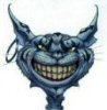 Illustration of a blue Cheshire Cat with a huge grin and pointy ears