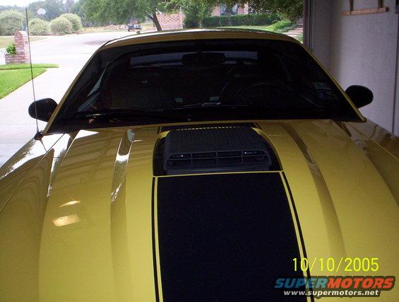 Yellow 2003 Ford Mustang Mach 1 hood with black stripe and scoop