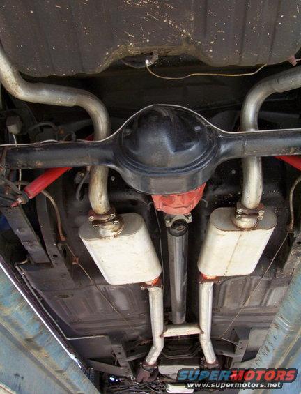 undercarriage view of a car's rear axle, dual exhaust, and fuel tank