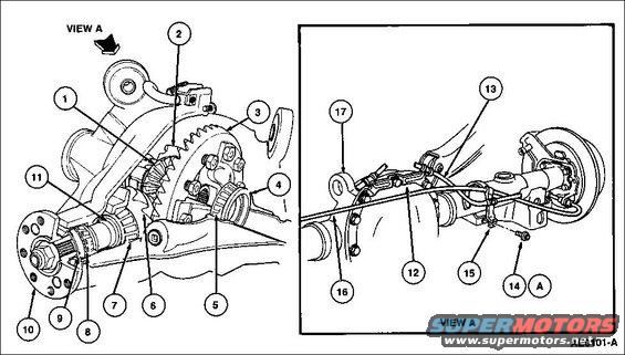 diffcutaway.jpg 8.8&quot; Differential Cutaway with companion flange

1 Differential Side Gear 4236
2 Differential Carrier 4204
3 Ring Gear (part of 4209)
4 Differential Bearing Shim 4067
5 Differential Bearing 4221
6 Pinion Gear (part of 4209)
7 Rear Pinion Bearing 4630
8 Front Pinion Bearing 4621
9 Pinion Seal 4676
10 Pinion Companion Flange 4851
11 Pinion Bearing Collapsible Spacer 4662
12 Differential Rear Cover 4033
13 Brake Fluid Line
14 Bolt
15 Clip
16 Emergency Brake Cable
17 Rear Axle Housing 4010

[url=http://www.supermotors.net/registry/media/284976][img]http://www.supermotors.net/getfile/284976/thumbnail/dshaftsujoints.jpg[/img][/url]