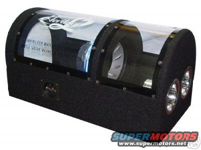 Black tube-style enclosure subwoofer with clear acrylic window, neon accents and round end lights