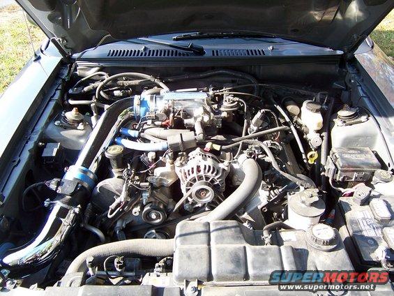 Engine bay of a 2004 Ford Mustang with aftermarket intake. Shows V8 engine, alternator, and various hoses