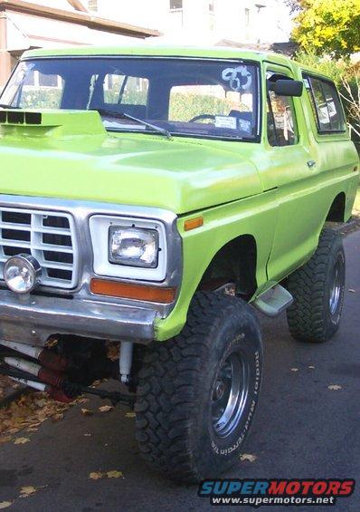 Lime green 1978 Ford Bronco with hood scoop and lifted suspension