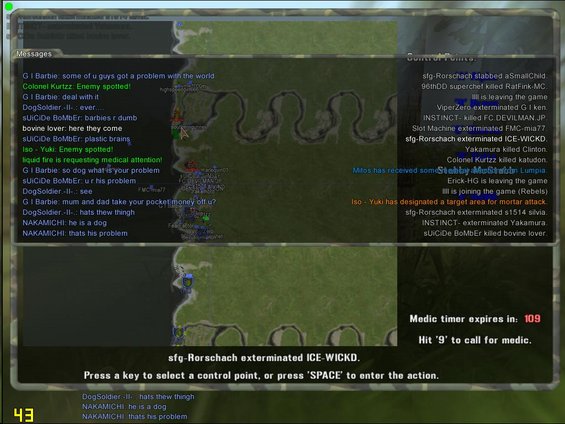 Computer game interface showing a map, chat logs, and game status